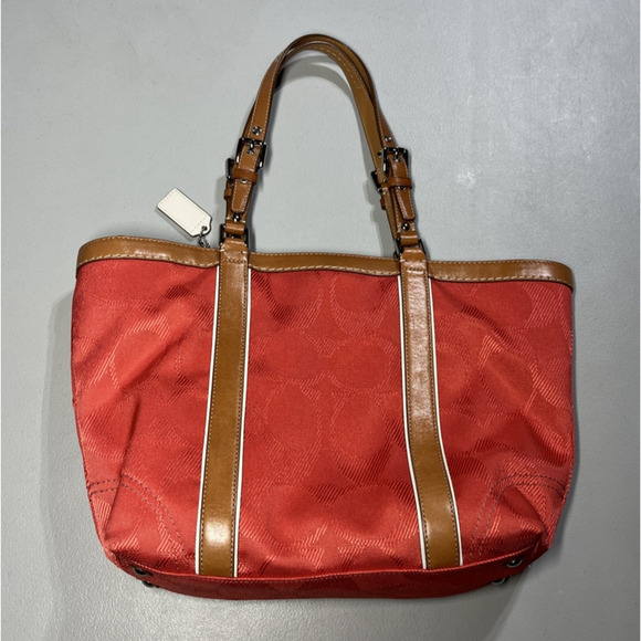 Coach Signature Gallery Tote Bag Coral & Brown Leather Trim Zip Travel F13560 - Picture 2 of 16